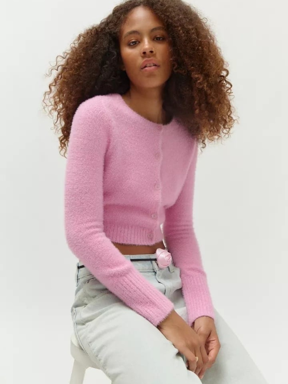 NWOT Urban Outfitters Dayna shrunken cardigan long sleeve fuzzy cropped cream - Picture 5 of 5